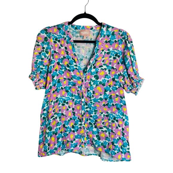 Show Me Your Mumu Shirt Womens XS Multicolor Floral Button Up Puff Sleeve Cotton - Picture 1 of 9
